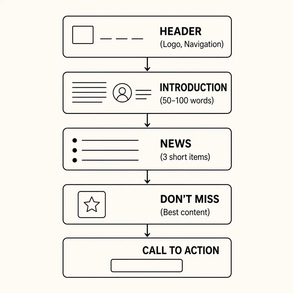 Diagram of the ideal newsletter structure: header, introduction, news items, featured content and call to action.