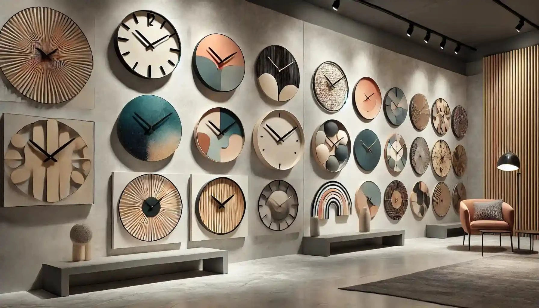 Grand mur d’horloges murales variées, rondes et décoratives, en bois, métal et teintes pastel, exposées dans une boutique moderne. Horloge au design épuré.