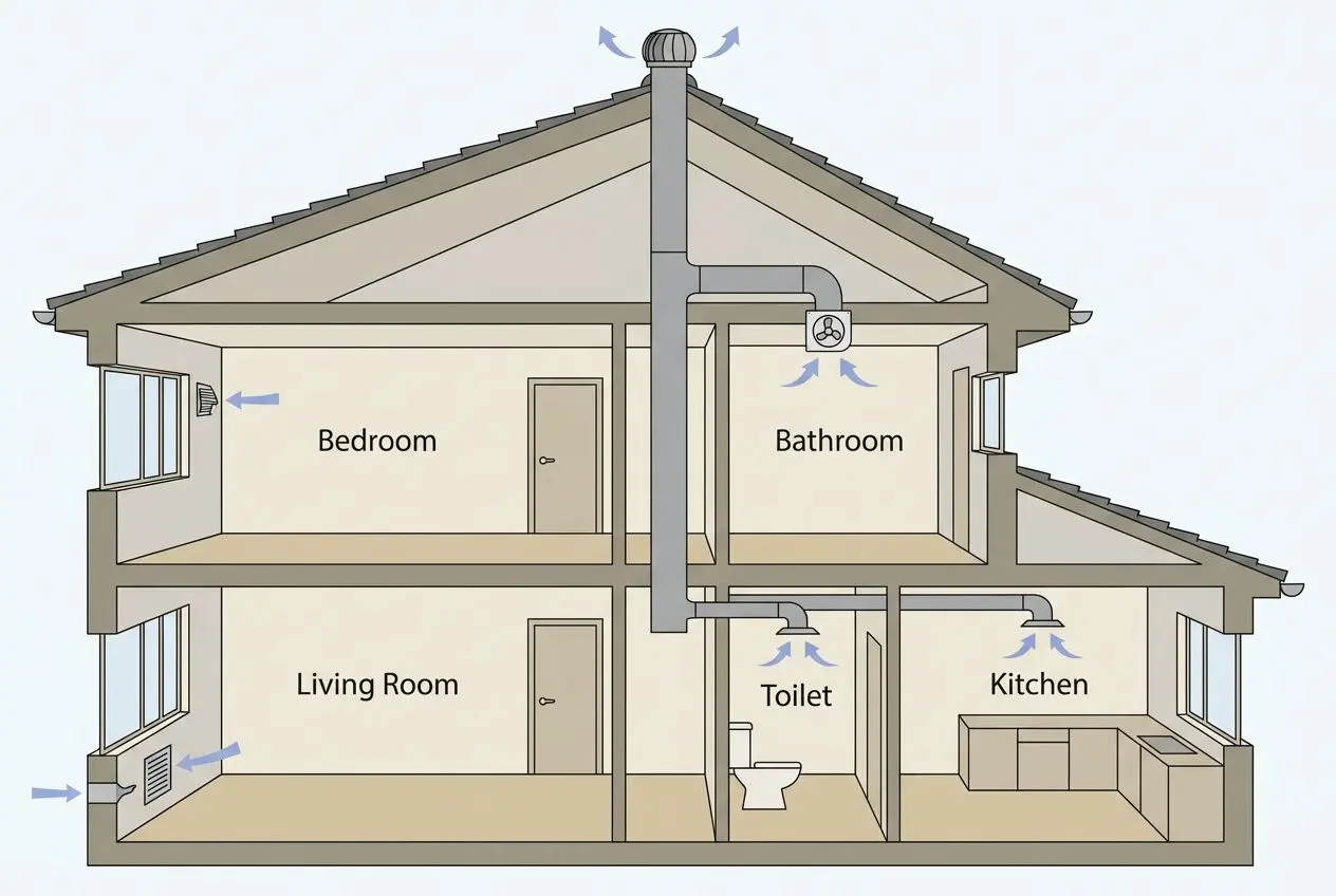 Schéma d’un logement montrant l’installation de ventilation avec VMC et conduits reliant living, chambres, salle de bains et cuisine, accès air frais/évacuation. diffént types de ventilation mécanique contrôlée?