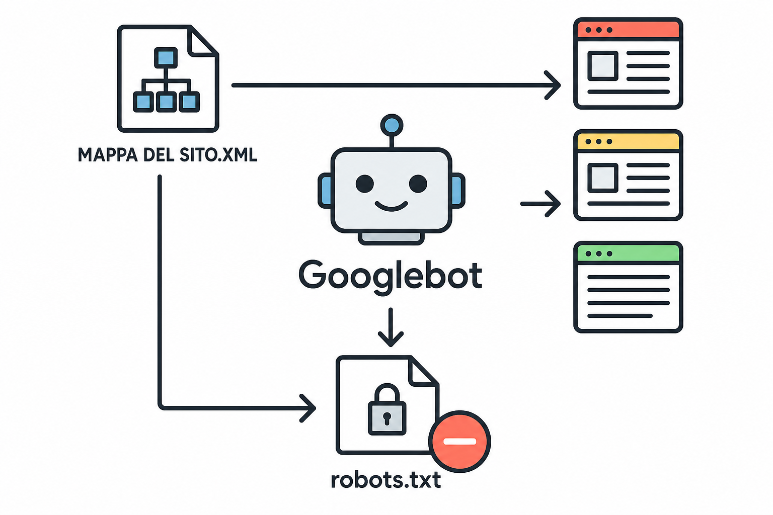 Funzionamento dell'indicizzazione: il sitemap guida il robot, che viene bloccato dal file robots.txt su alcune pagine.