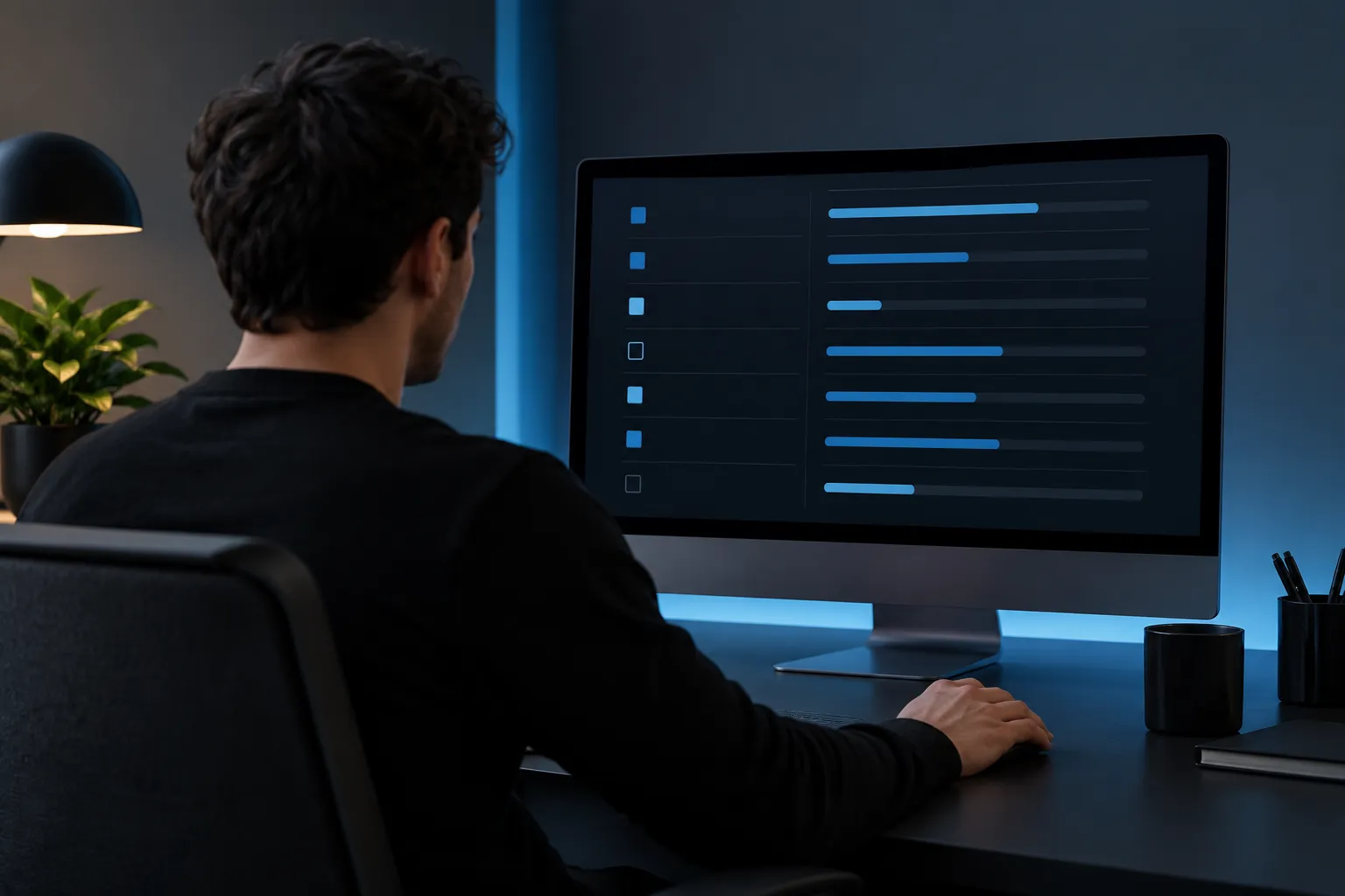 Utilisateur devant un écran d’ordinateur affichant des graphiques et des barres bleues dans une ambiance de bureau.