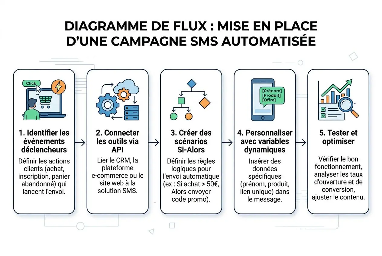 Texte alternatif: Diagramme de flux illustrant une campagne SMS automatisée pour la fidélisation client avec cinq étapes clés. Campagne SMS et fidélisation client intégrée.