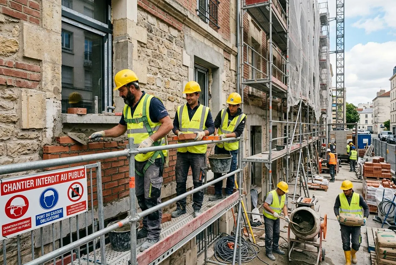 Travailleurs sur un chantier de rénovation, portant casques jaunes et gilets, préparant des briques et du mortier sur une passerelle en métal. Travailleur détaché roumanie france dans le cadre légal.