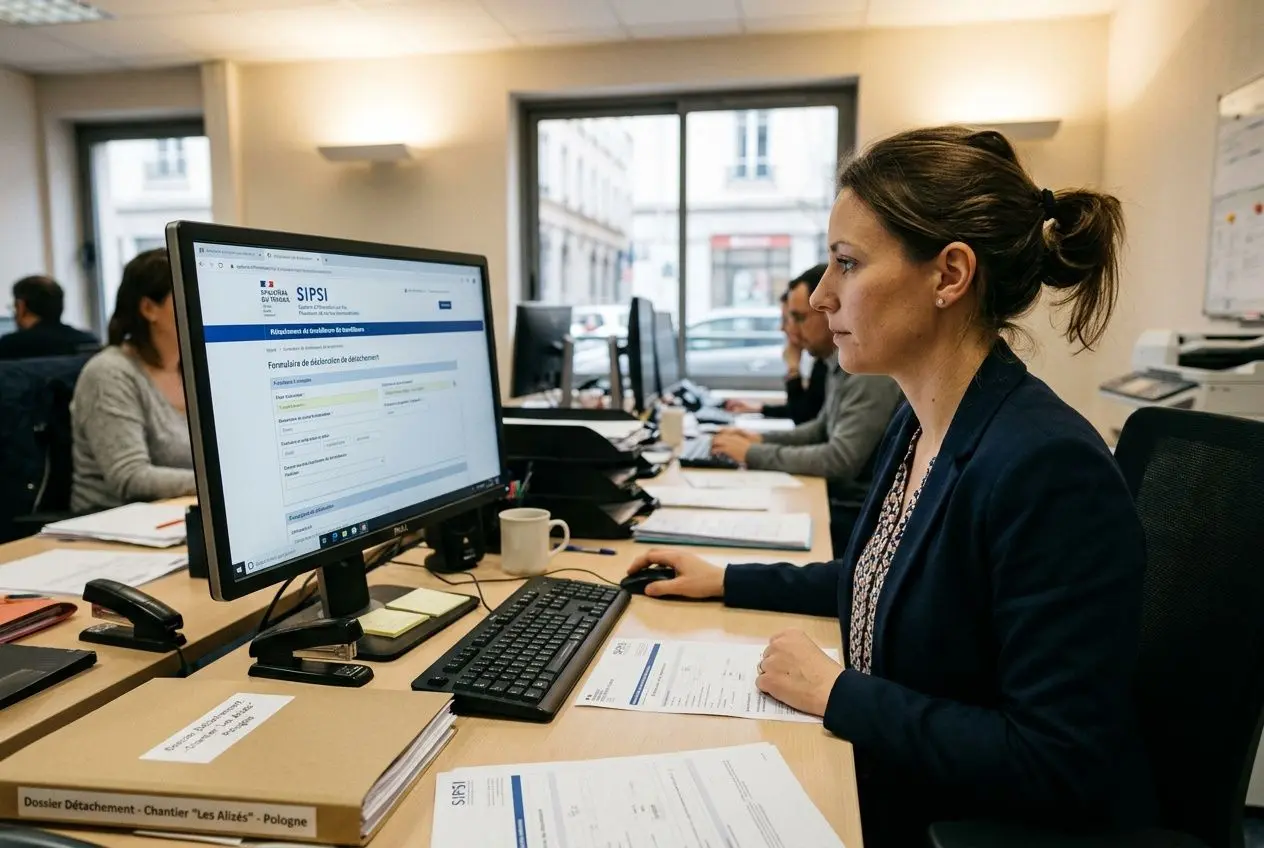 Agent administratif au travail sur ordinateur dans un bureau, saisissant des données liées au travailleur détaché def.