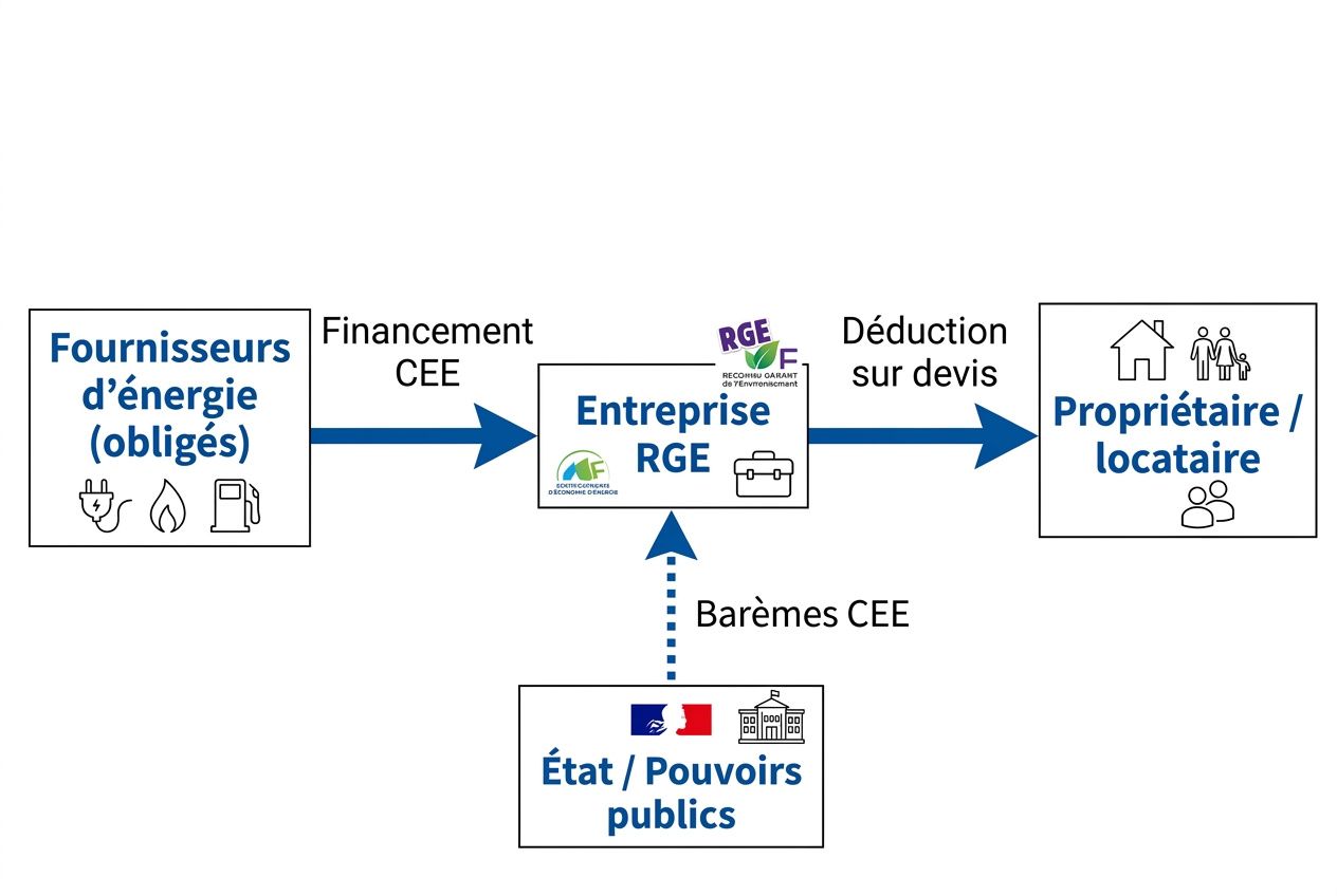 Schéma simplifié du dispositif: fournisseurs d’énergie vers l’entreprise RGE via financement CEE, puis déduction sur devis pour propriétaire/bailleur; barèmes CEE consultés avec l’État/pouvoirs publics. Alt text intègre le mot-clé isolation 1€ sans conditions de ressources si possible: "Schéma de l’isolation 1€ sans conditions de ressources: financement CEE des fournisseurs d’énergie vers l’entreprise RGE, puis déduction sur devis pour le propriétaire ou locataire; barèmes CEE et autorités publiques."