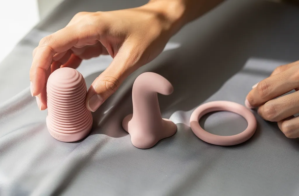 Trois sextoys en silicone rose: un gode enveloppé de ridges, un petit vibromasseur incurvé et un anneau, posés sur un drap gris.