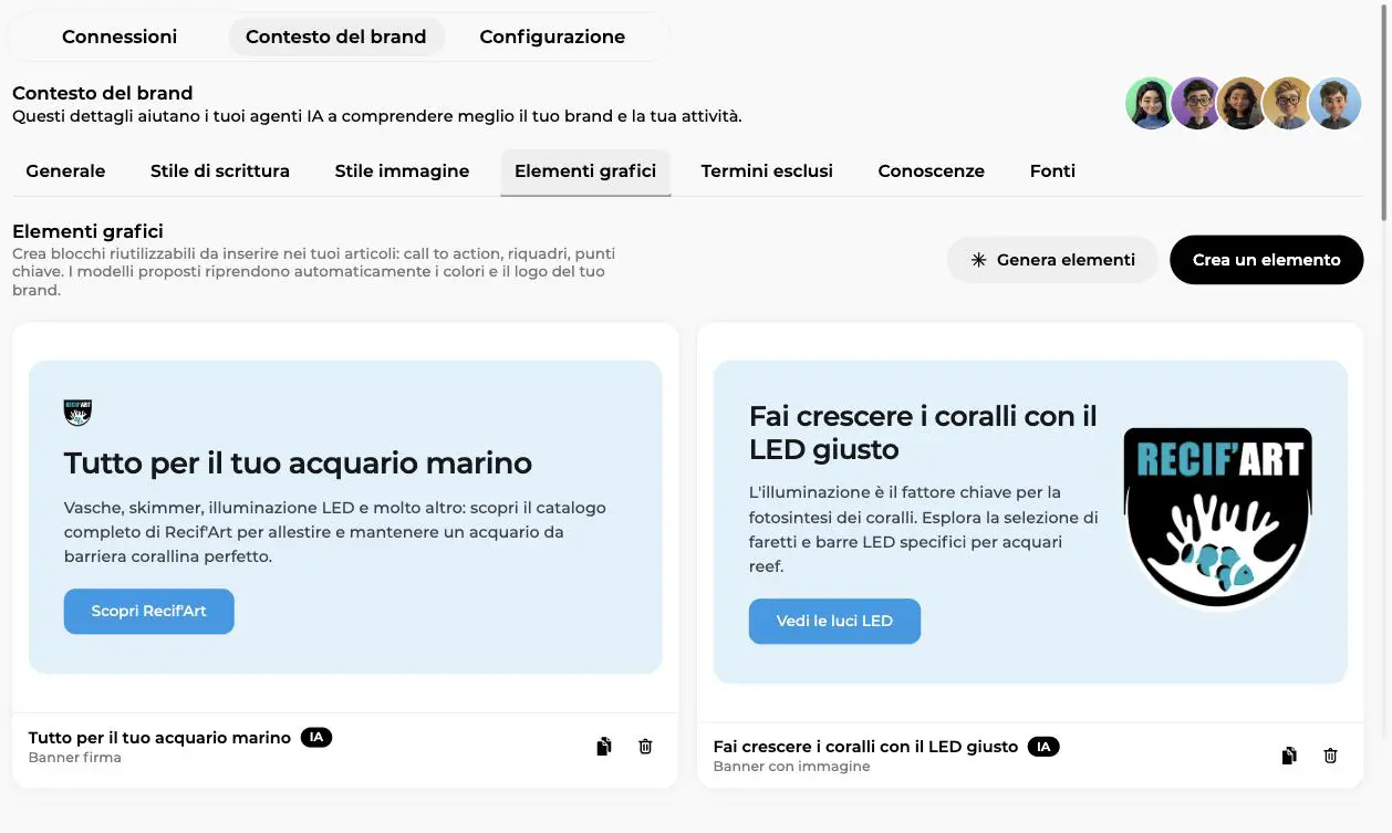 Libreria di elementi grafici con i pulsanti Genera elementi e Crea un elemento, un banner firma e un banner con immagine