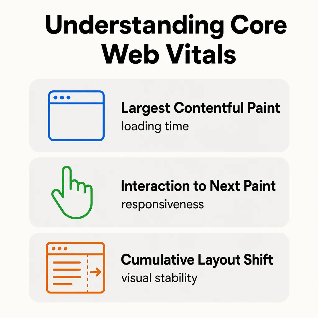 The three Core Web Vitals metrics: LCP, INP and CLS