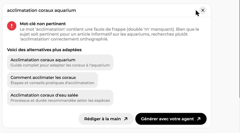 Fenêtre Mot-clé non pertinent signalant une faute de frappe et proposant trois alternatives de mots-clés