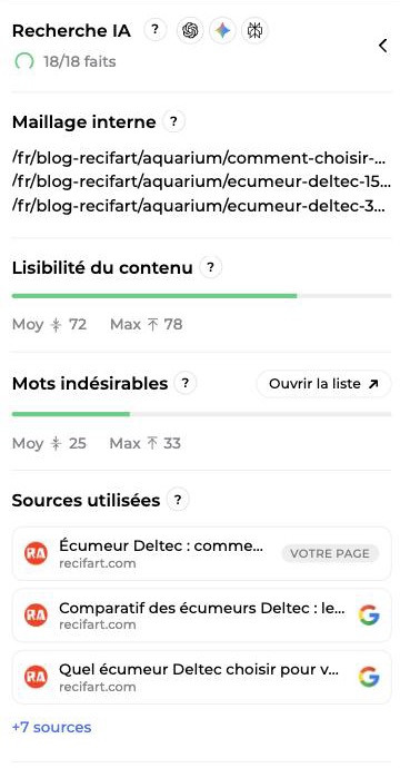 Panneau latéral de l'éditeur, bloc Recherche IA 18/18 faits, maillage interne, lisibilité, mots indésirables et sources utilisées