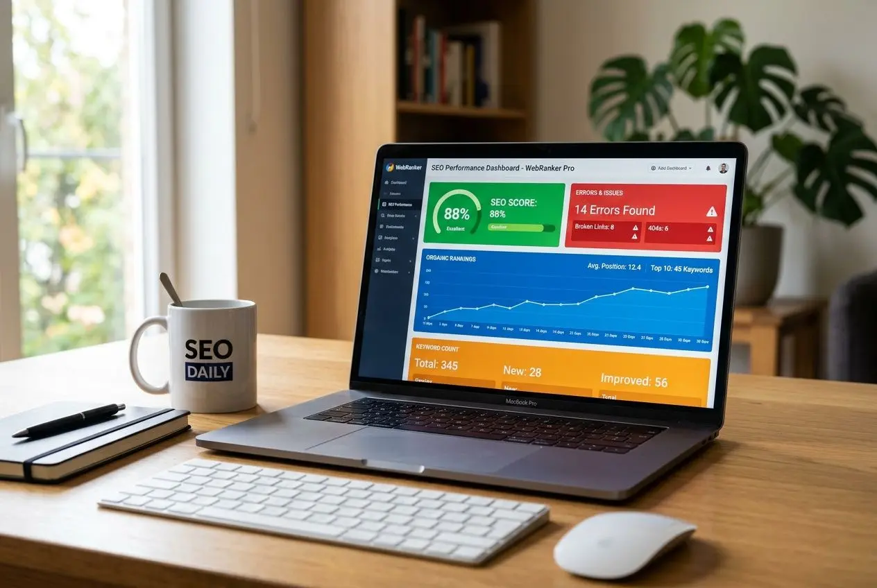 Laptop mit SEO-Dashboard zeigt Analyseergebnisse, daneben Kaffee-Tasse mit "SEO DAILY" und Tastatur : automatische seo optimierung software im Einsatz.