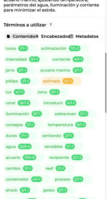 Bloque Términos a utilizar con las pestañas Contenido, Encabezados y Metadatos y las etiquetas de términos en verde y naranja