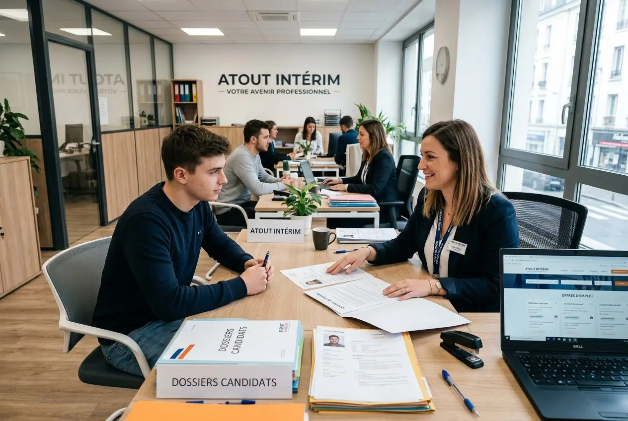 Salle moderne d’agence d’intérim avec plusieurs candidats et conseillers en recrutement, desks, dossiers et ordinateur affichant des CV et candidatures. intégration du mot-clé : métiers en tension france 2026.
