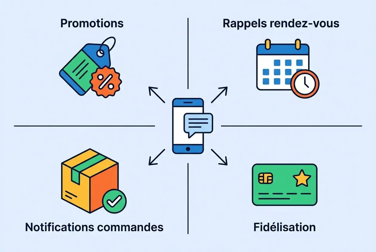 Centre avec smartphone et flèches vers quatre icônes: promotions, rappels rendez-vous, notifications commandes et fidélisation.
