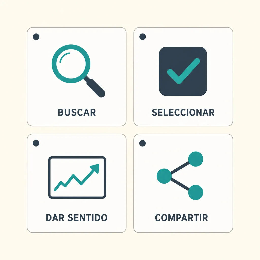 Infographie des 4 S de la curation en quatre cartes illustrées : buscar, seleccionar, dar sentido et compartir.