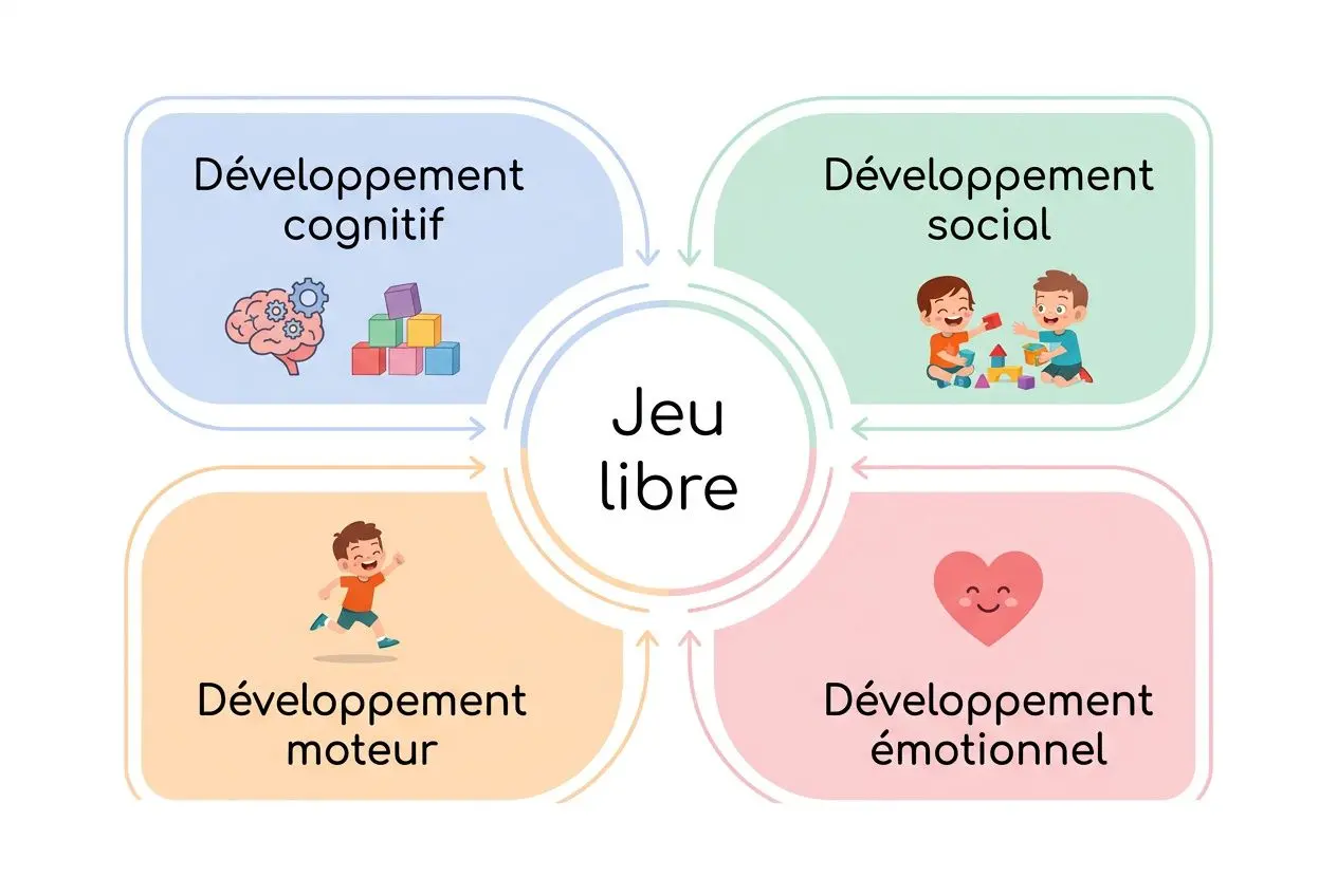 Diagramme illustrant le jeu libre: développement cognitif, social, moteur et émotionnel autour du terme central « Jeu libre ».