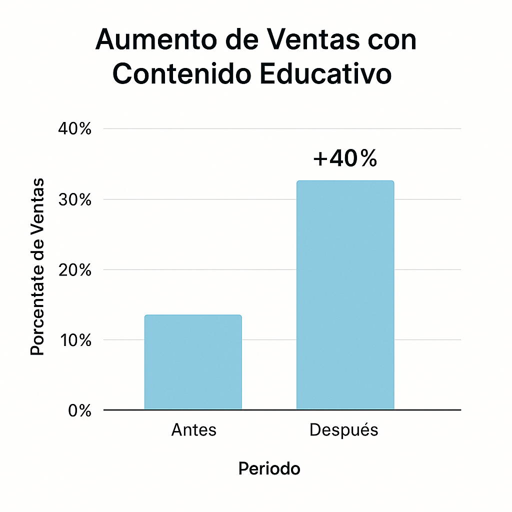 Gráfico de barras mostrando el aumento del 40% en ventas después de implementar una estrategia de contenido educativo.