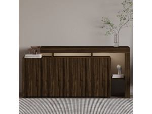 Buffet de salon en bois sombre avec rangement et étagères intégrées, ambiance épurée et moderne. comment choisir un buffet salon