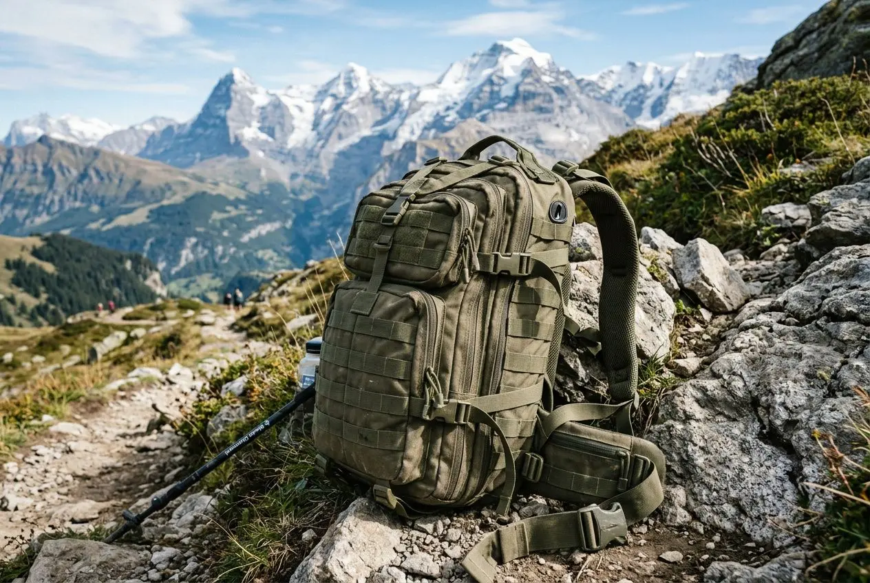 Sac à dos kaki robuste posé sur un chemin de montagne, avec vue sur les sommets enneigés et les rochers. Équipement randonnée débutant intégré.