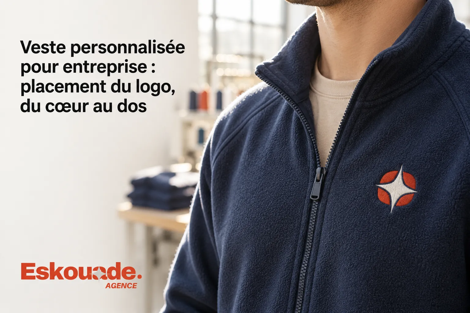 Veste micropolaire bleu marine avec un logo brodé côté cœur, portée par un collaborateur dans un atelier de marquage