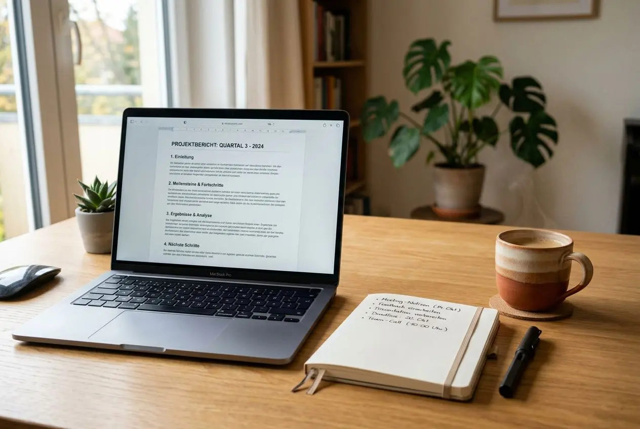 Laptop auf Holztisch mit geöffneter Projektdatei, Notizbuch, Stift und Kaffeebecher : effektive content formate seo im Fokus.