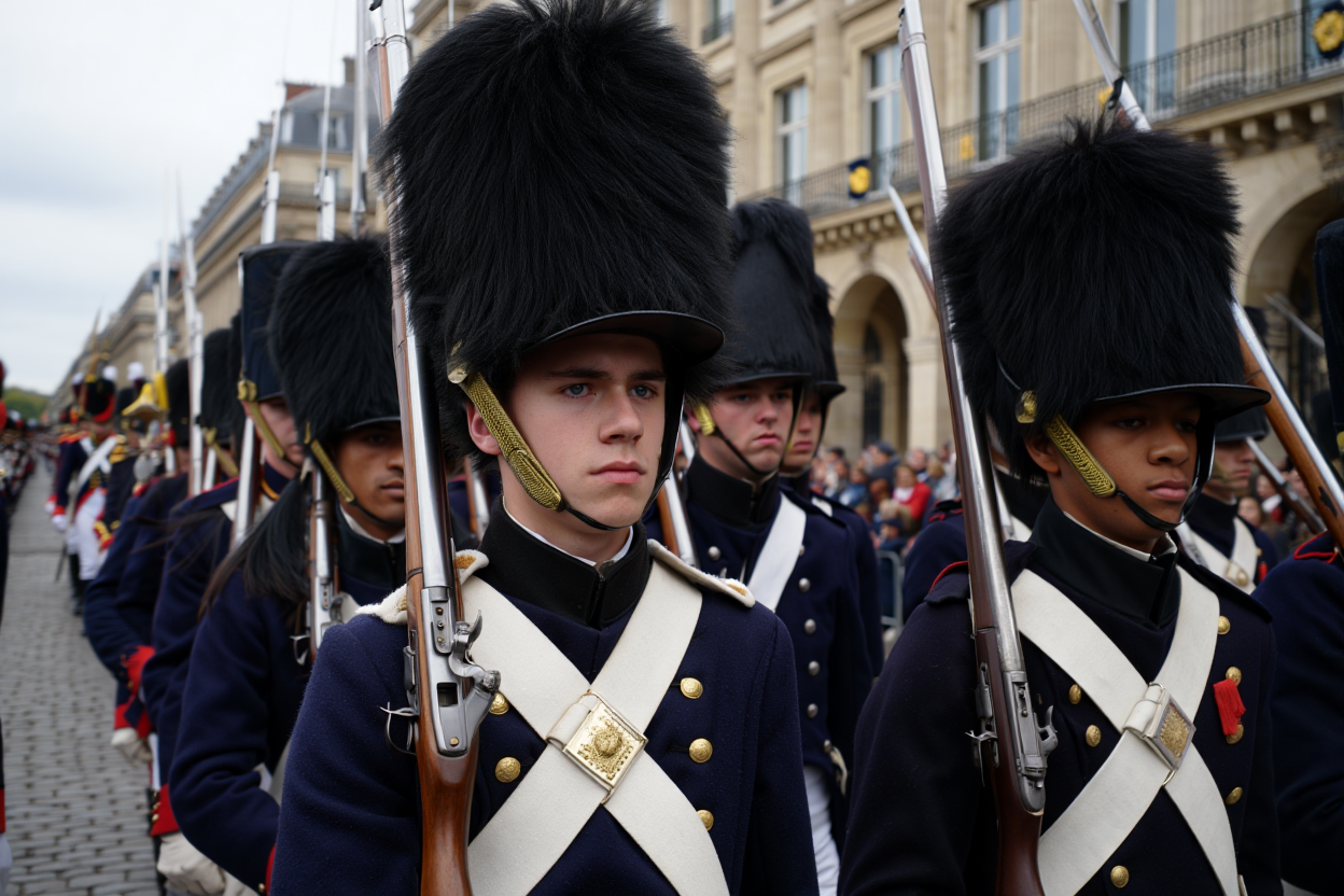 Grenadiers avec bonnets à poils lors d'un défilé militaire historique