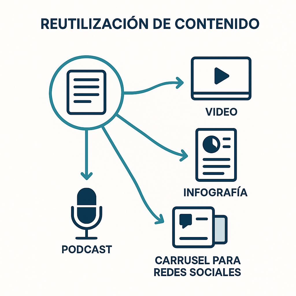 Esquema del proceso de reutilización de contenido, mostrando cómo un artículo principal se convierte en varios formatos secundarios como video, podcast e infografía.