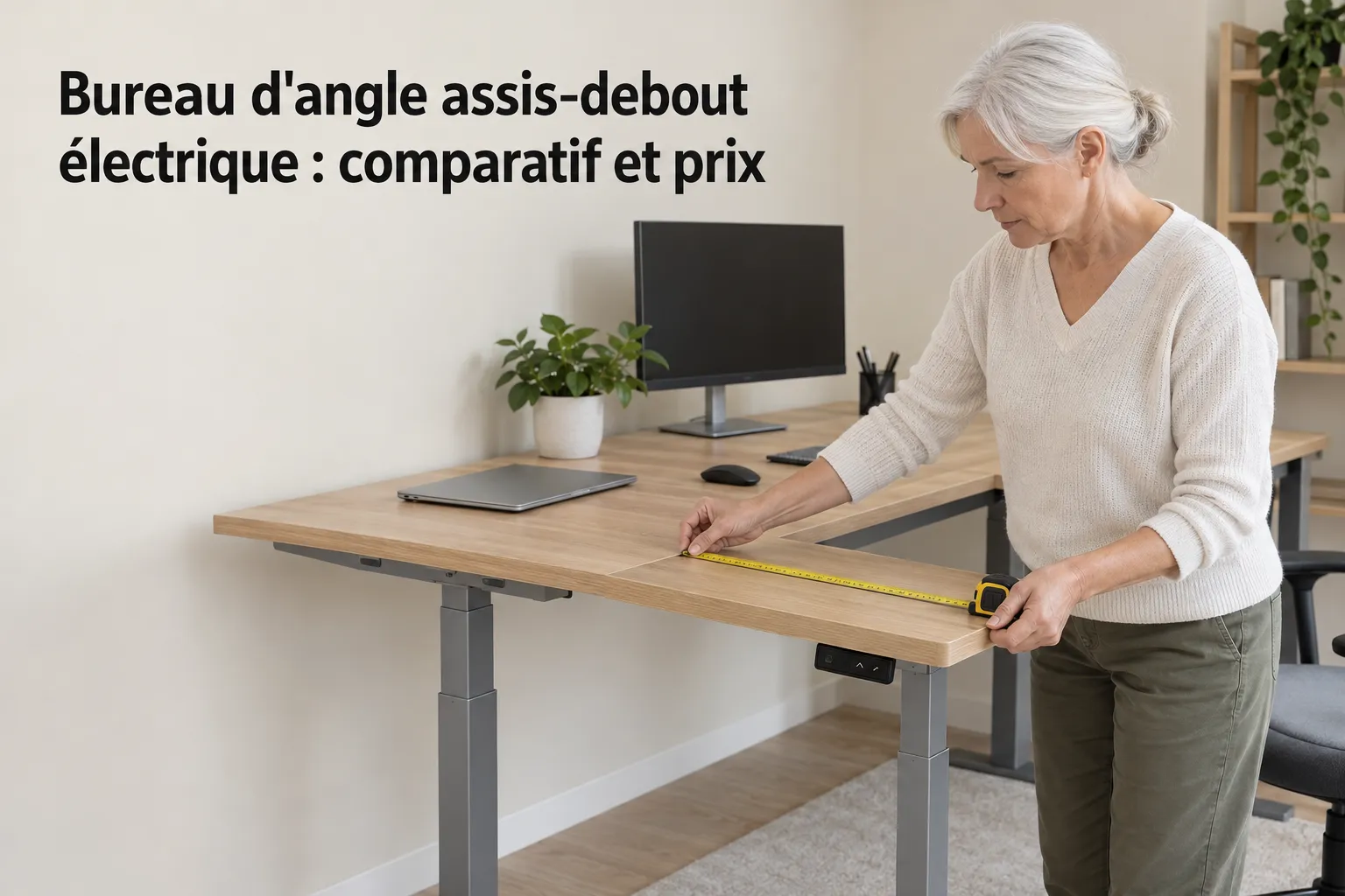 Une femme mesure la longueur du plateau d’un bureau d’angle assis-debout électrique avec un ruban métrique.