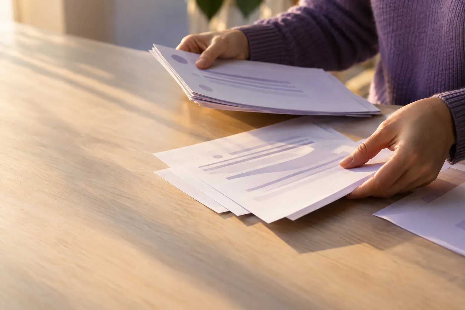 Deux mains triant des feuilles et des documents blancs posés sur une table en bois.