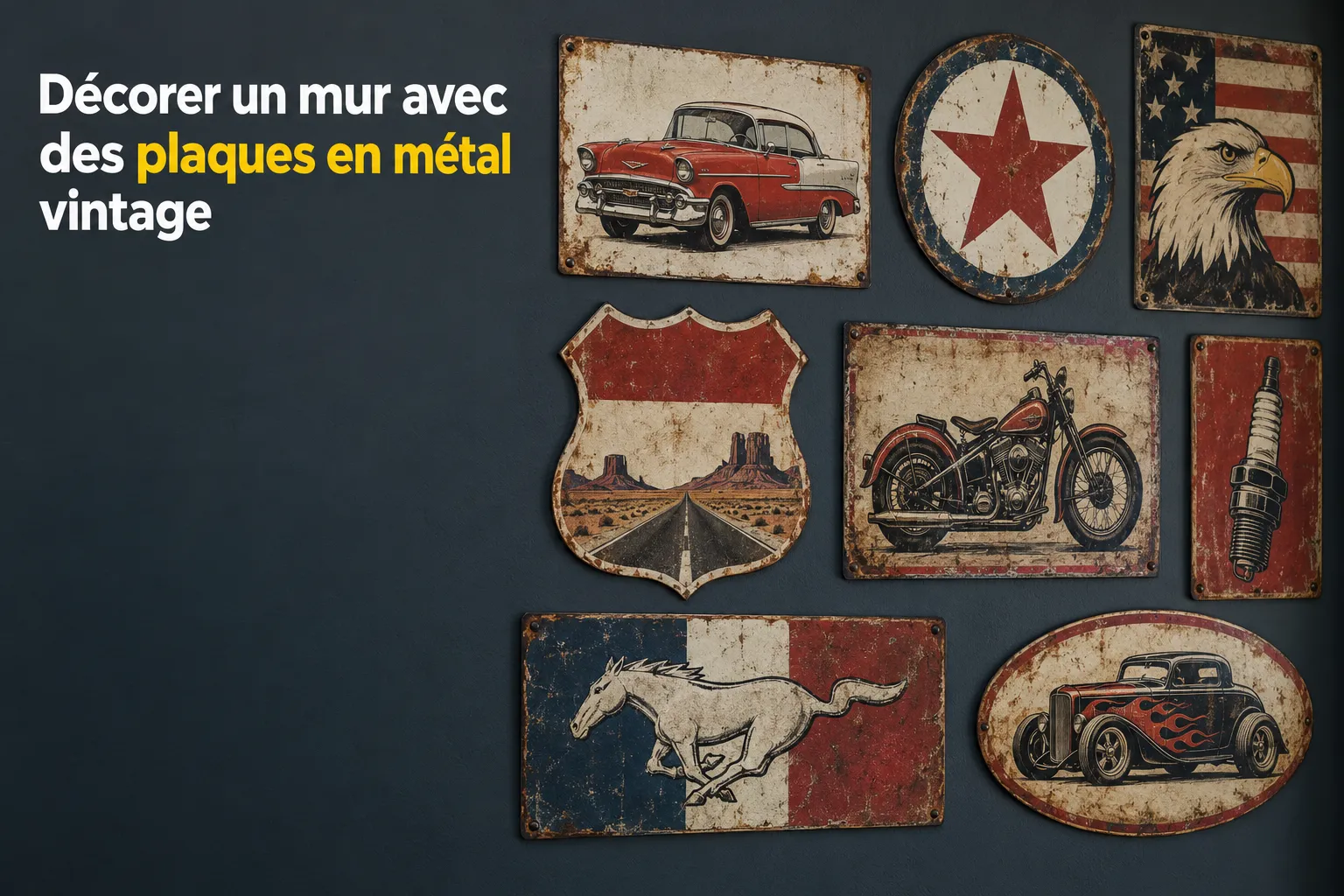 Etalage de plaques en métal vintage avec motifs de voitures, moto et design américain sur fond bleu sombre.