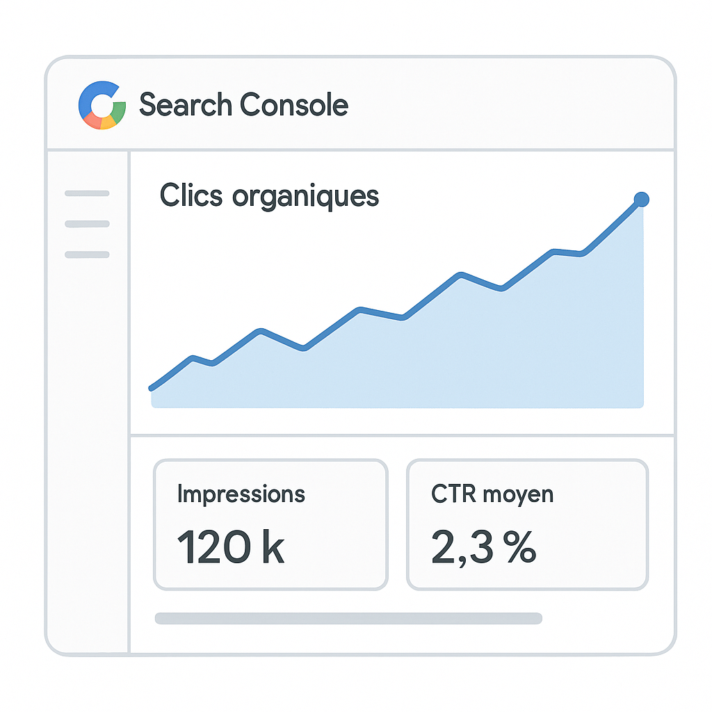 Illustration d'un tableau de bord de performance SEO montrant une augmentation du trafic organique.