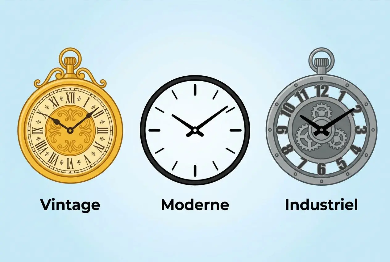 Trois horloges murales illustrant les styles Vintage, Moderne et Industriel sur fond bleu, concept horloge et design décoratif.