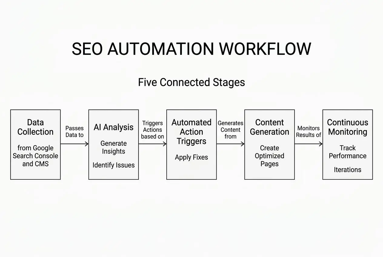 SEO automation workflow diagram showing five connected stages: Data Collection, AI Analysis, Automated Action Triggers, Content Generation, and Continuous Monitoring.