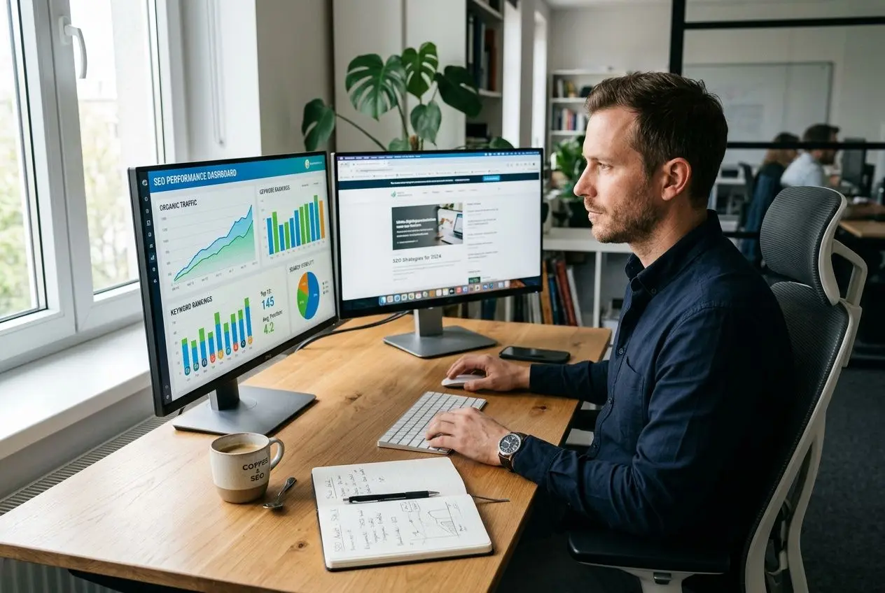 Analista al lavoro su due monitor: grafici e report SEO sullo schermo, presa di appunti e ambiente d’ufficio. Deliverable audit seo in focus.