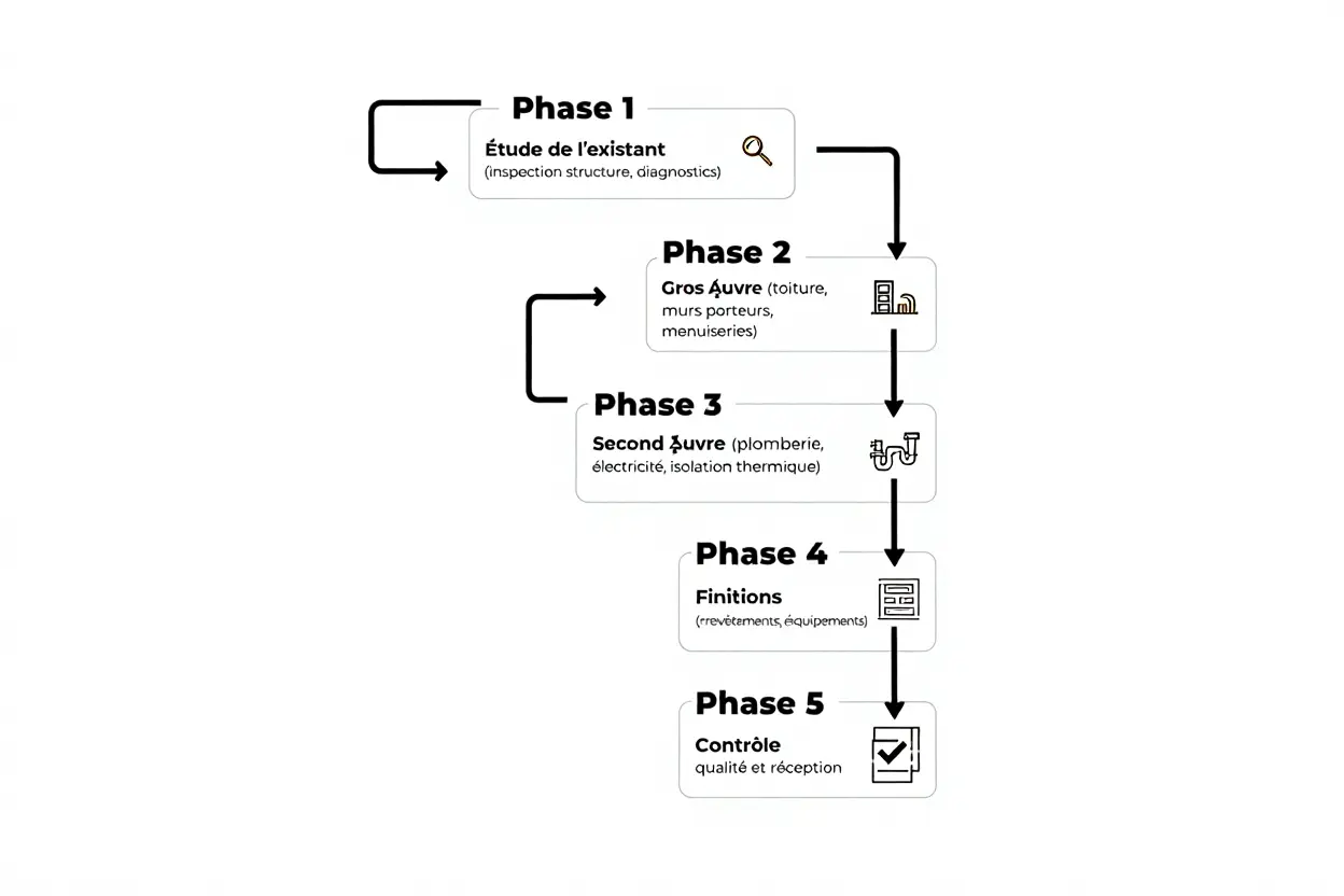 Phases chronologiques d'une rénovation de maison