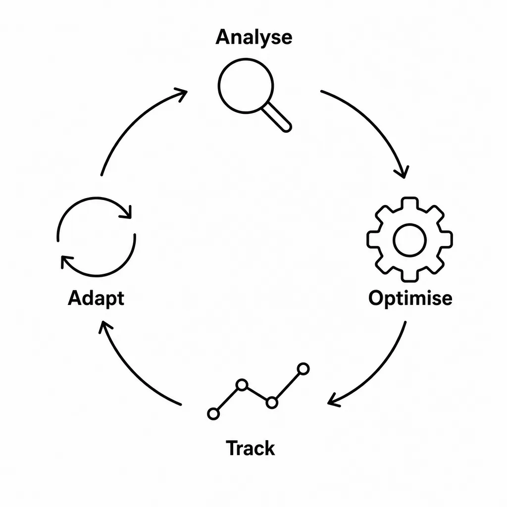 Diagram of the continuous 4-step SEO optimisation cycle: analyse, optimise, track and adapt.