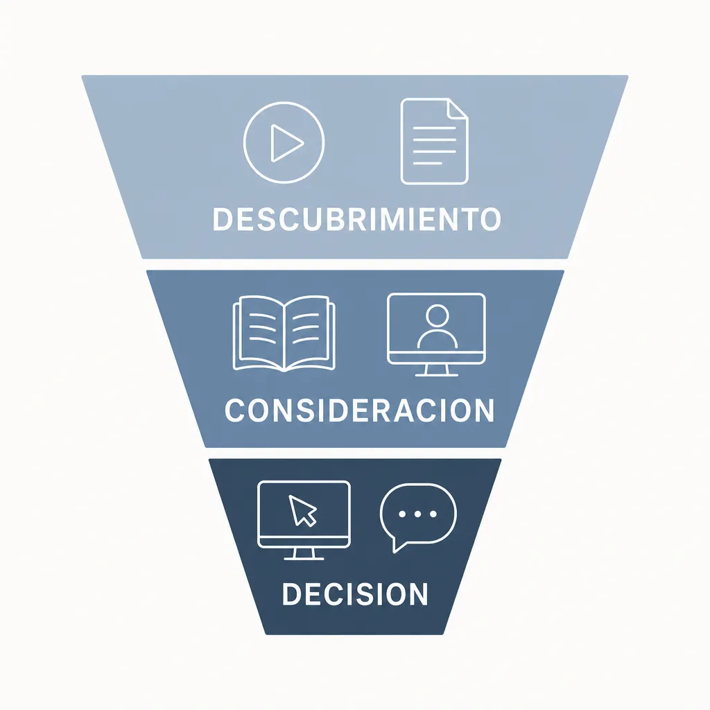 Entonnoir de conversion à trois étages, découverte, considération et décision, avec des icônes de formats de contenu adaptés.