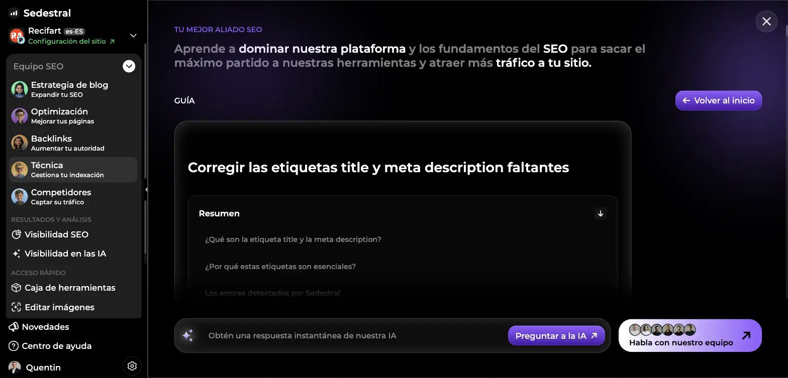 Guía de corrección abierta desde la auditoría técnica, sobre las etiquetas title y meta description faltantes, con su resumen
