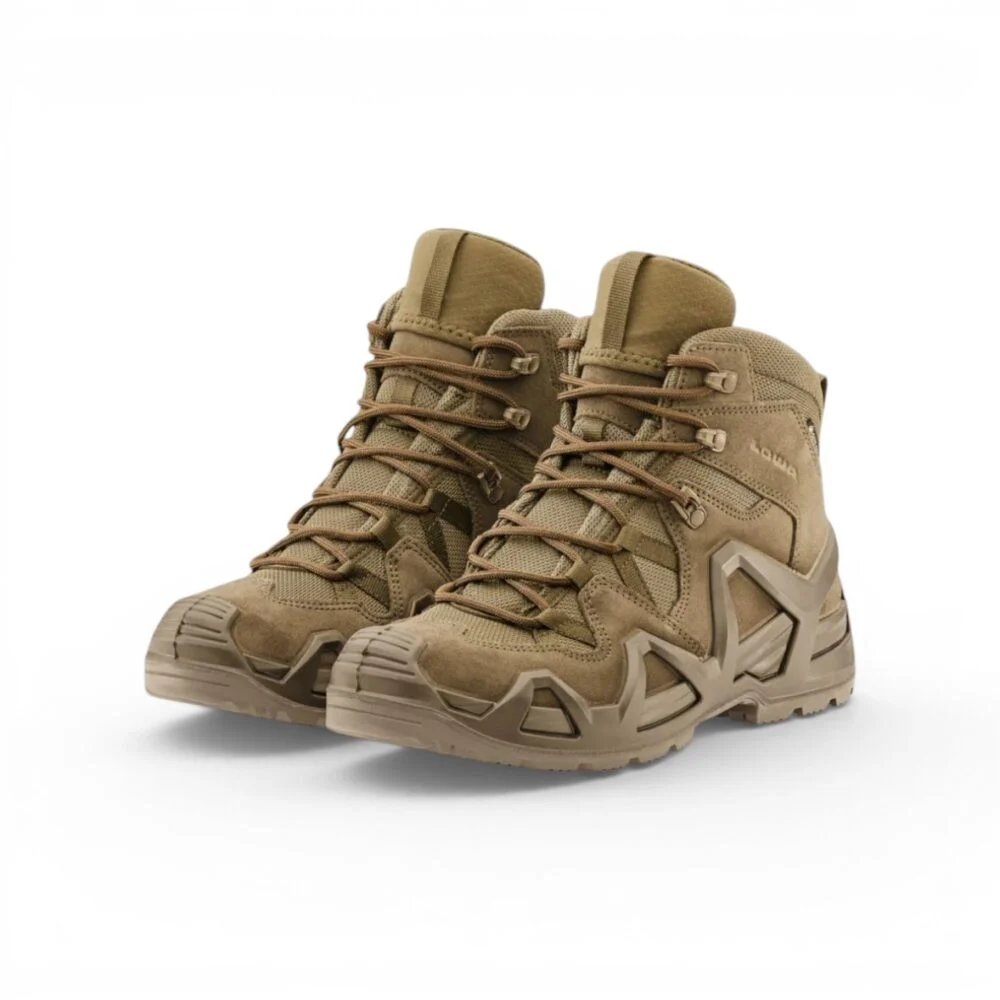 Bottes de tactique beige à lacets haute tige, design robuste et semelles crantées pour terrain difficile. intégrant les meilleures marques chaussures tactiques.