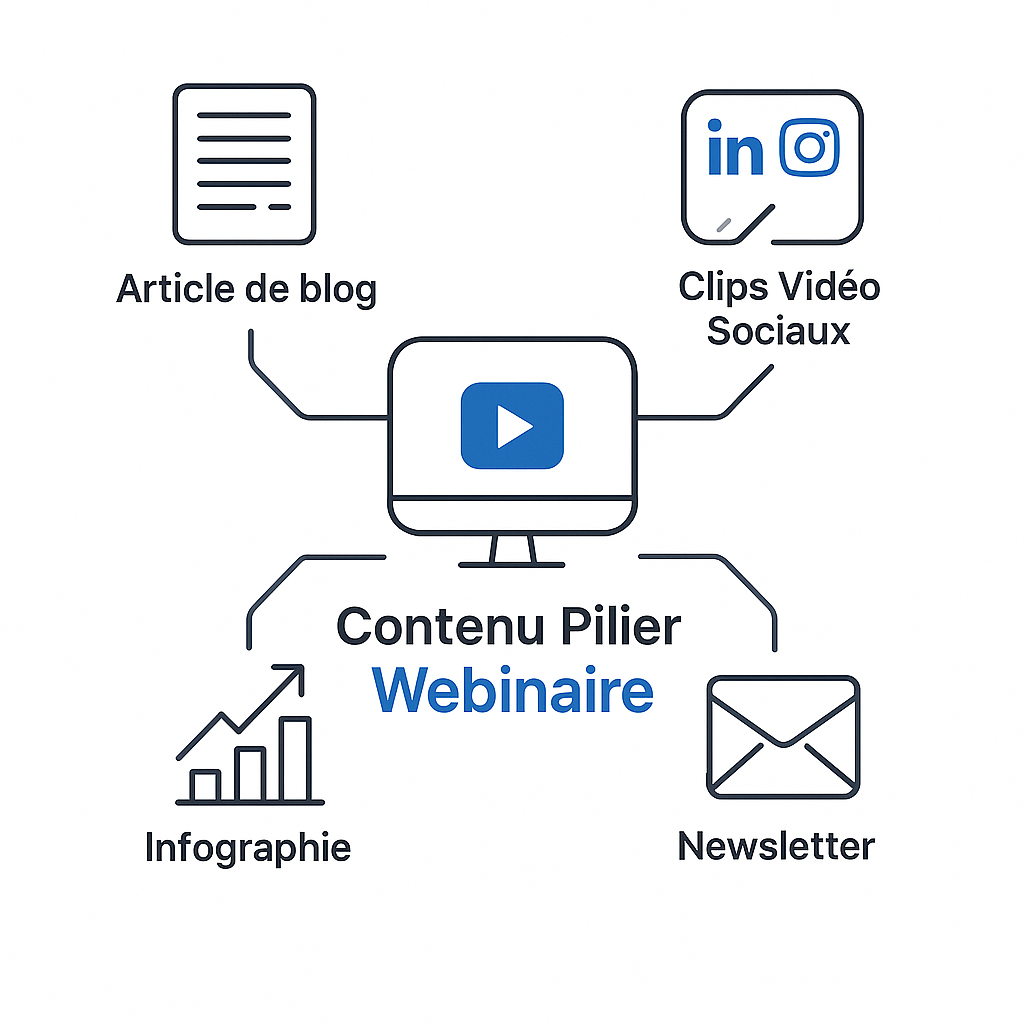 Infographie illustrant le recyclage de contenu où un webinaire est transformé en article de blog, clips vidéo pour les réseaux sociaux, infographie et newsletter.