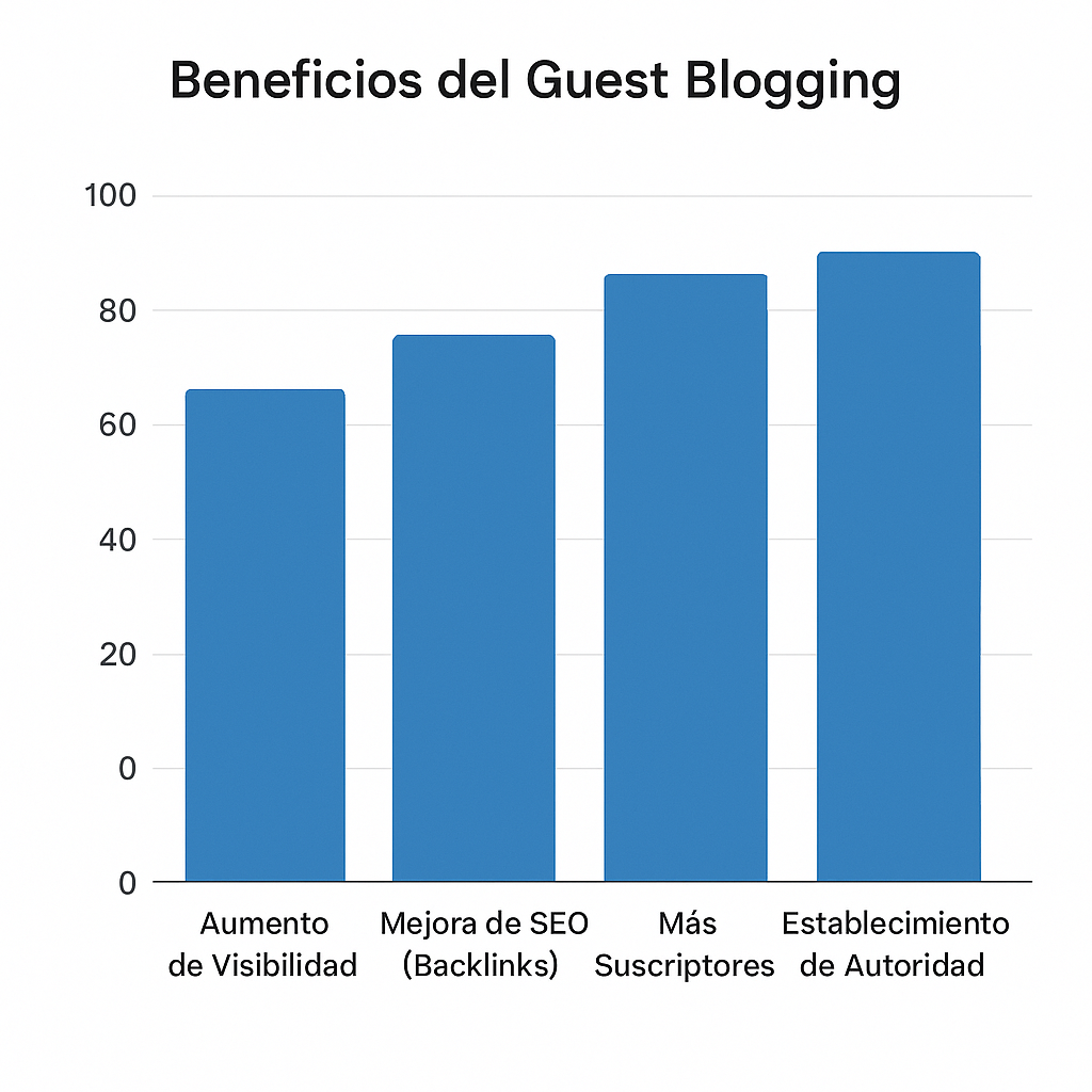 Graphique à barres illustrant les avantages du guest blogging, tels que l'augmentation de la visibilité, l'amélioration du SEO, l'augmentation des abonnés et l'établissement de l'autorité. En espagnol.