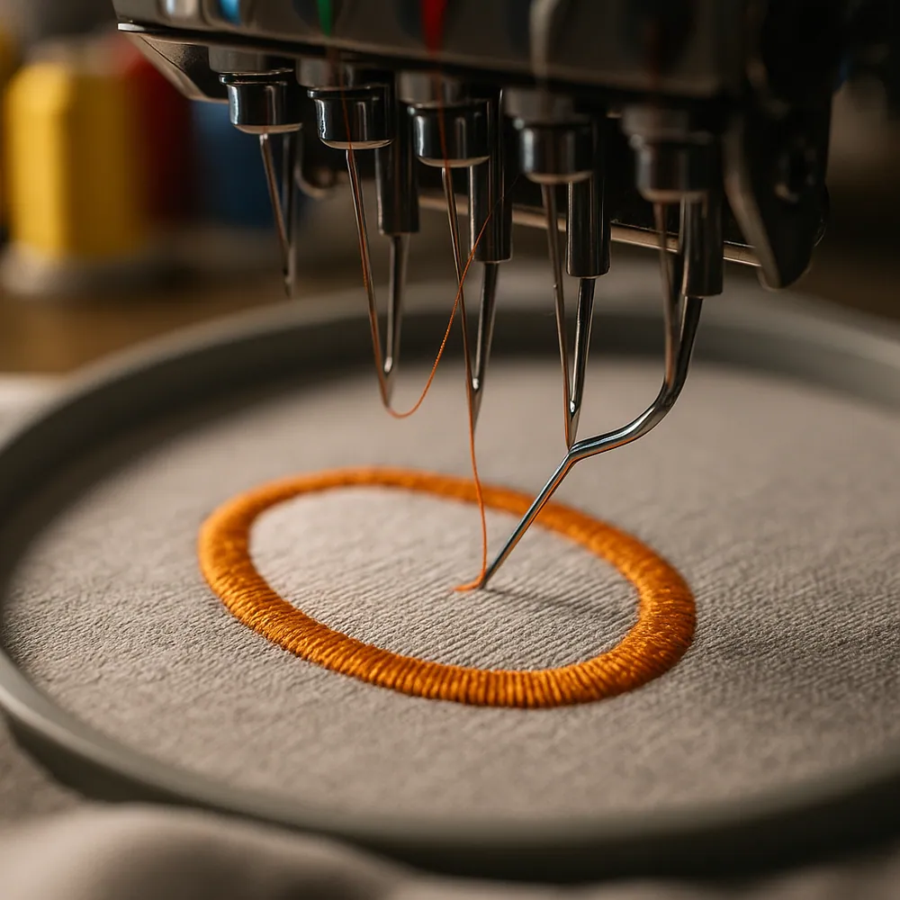 Dispositif de sérigraphie en action : points de couture orange formant un cercle sur une toile, aiguilles et fil orange guidant le motif. Impression tee shirt personnalisé.