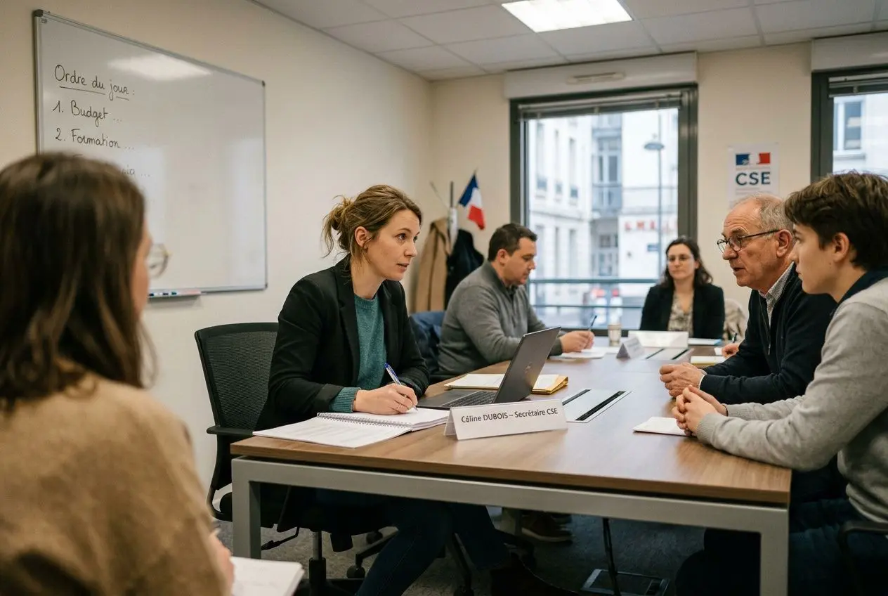 Réunion du CSE avec la secrétaire CSE en train de prendre des notes, autour d’une table, avec un ordre du jour et un PC, ambiance professionnelle. role secrétaire cse.