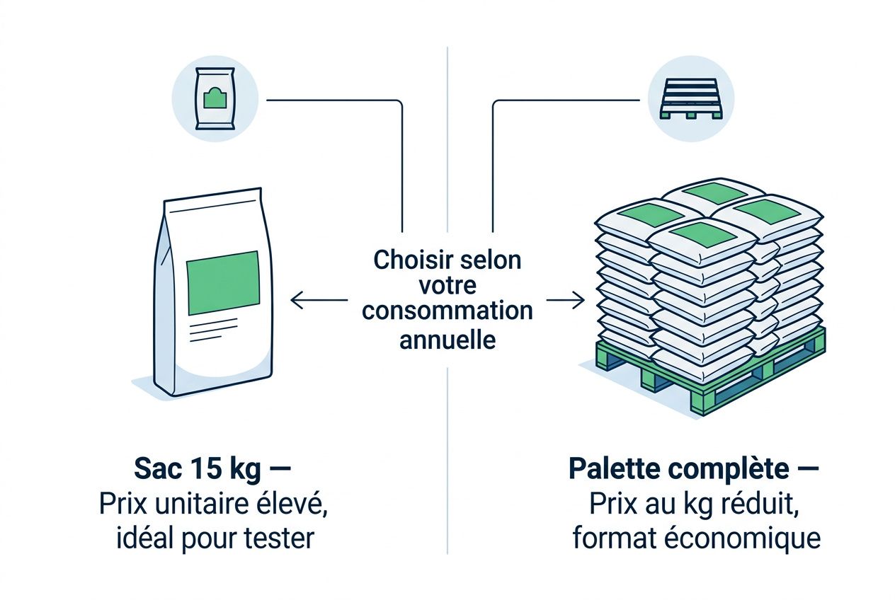 Sac 15 kg et palette complète illustrant le choix selon votre consommation annuelle, pour des granulés de bois pas cher.