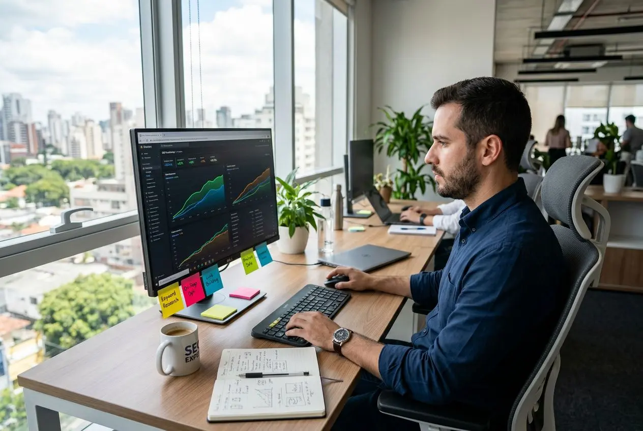 Homme travaillant sur un ordinateur affichant des graphiques SEO, en espace open space avec vue urbaine. Comment optimiser son seo.