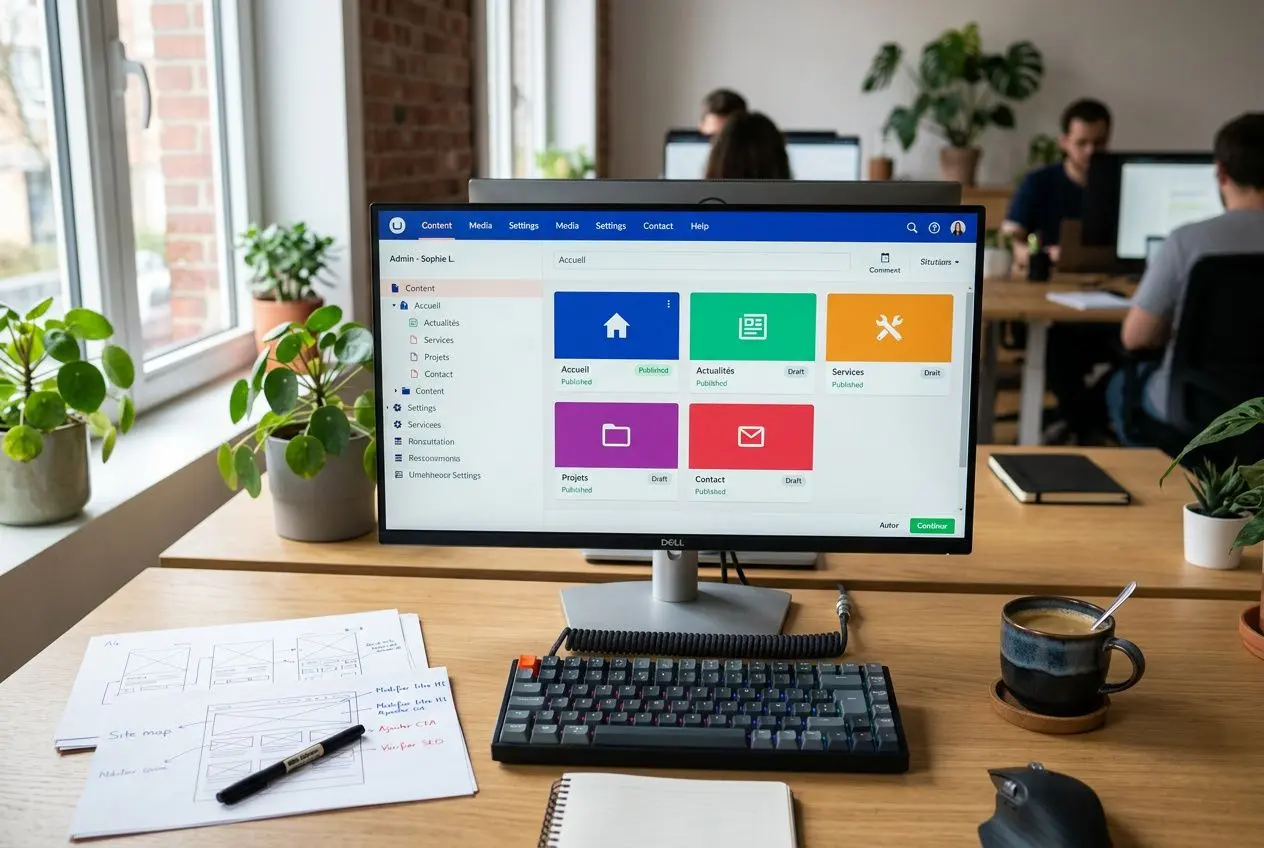 Un écran d’ordinateur sur un bureau, affichant l’interface d’un CMS, avec clavier, notes et plante en décor. Qu'est-ce que le cms umbraco est évoqué implicitement.