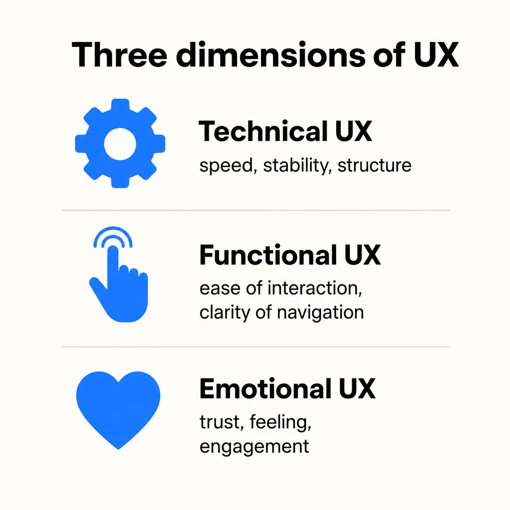 The three dimensions of UX: technical, functional and emotional