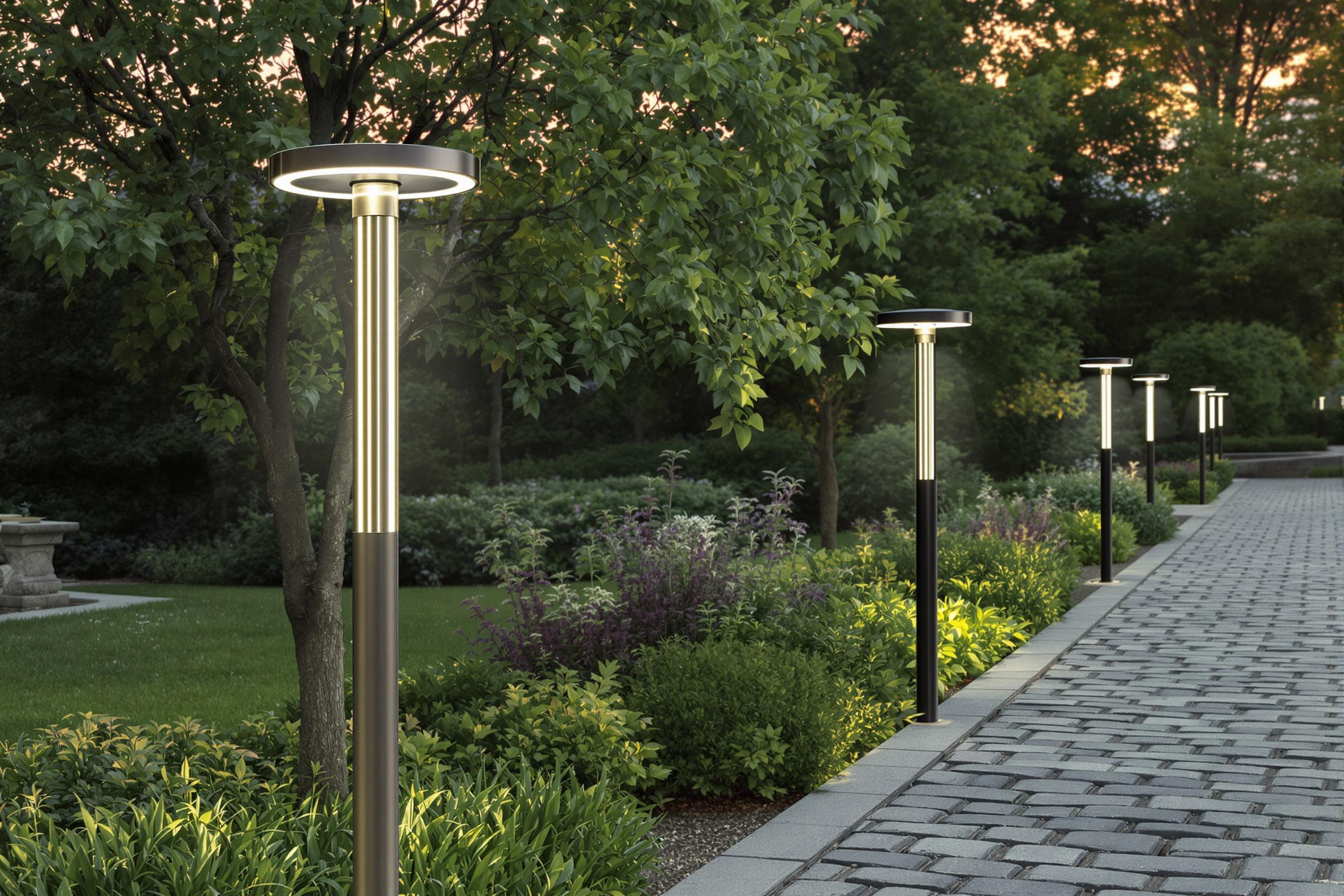 Smart LED lamp posts in a modern outdoor garden