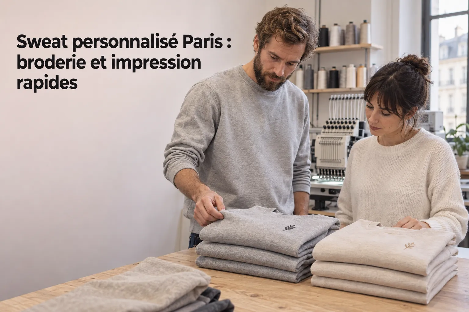 Sweat personnalisé Paris : deux personnes pliant des sweats gravés d'un petit motif, sur une table en atelier. Trouvez rapidement un prestataire à Paris pour commander des pulls et sweats personnalisés.
