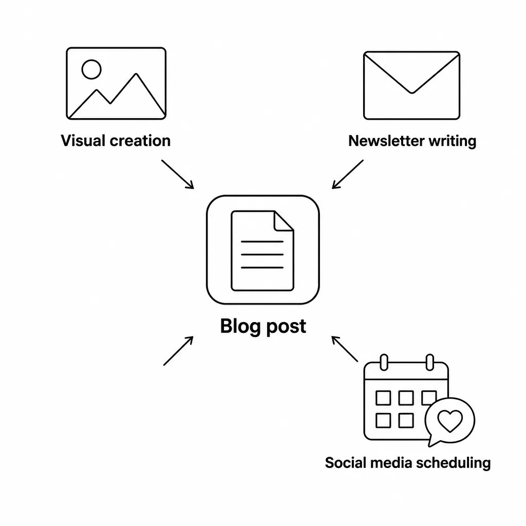 Diagram of an integrated content promotion process: the blog post at the centre, connected to visual creation, newsletter writing and social media scheduling